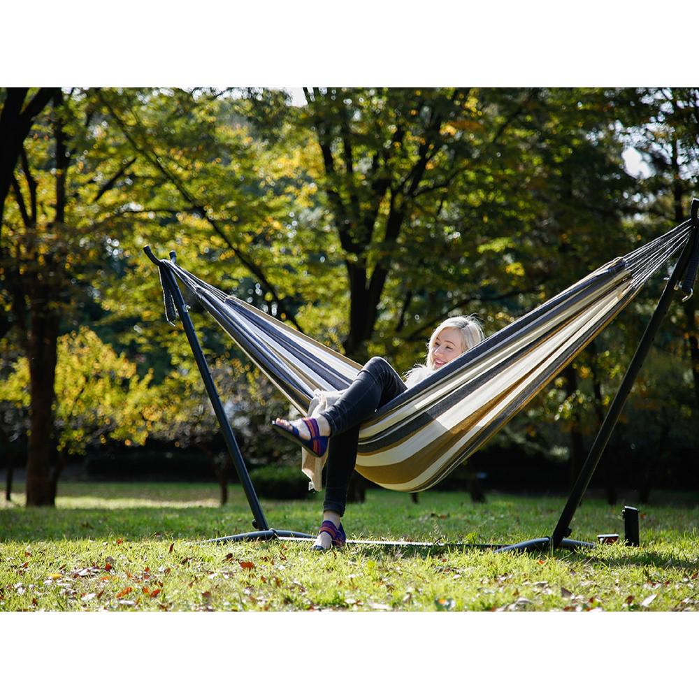 The Hamptons Collection 110” Grey and Gold Striped Brazilian Style Hammock with a Steel Hammock Stand