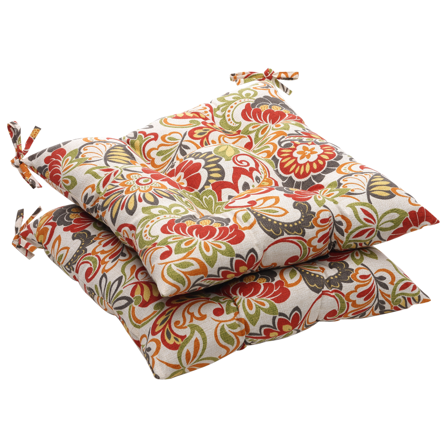 Pillow Perfect Set of 2 White and Red Tropical Floral Tufted Outdoor Patio Seat Cushions 19"