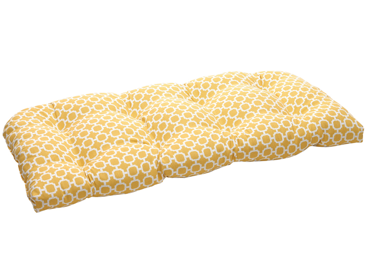 Pillow Perfect 44" Yellow and White Reversible Outdoor Patio Wicker Tufted Loveseat Cushion