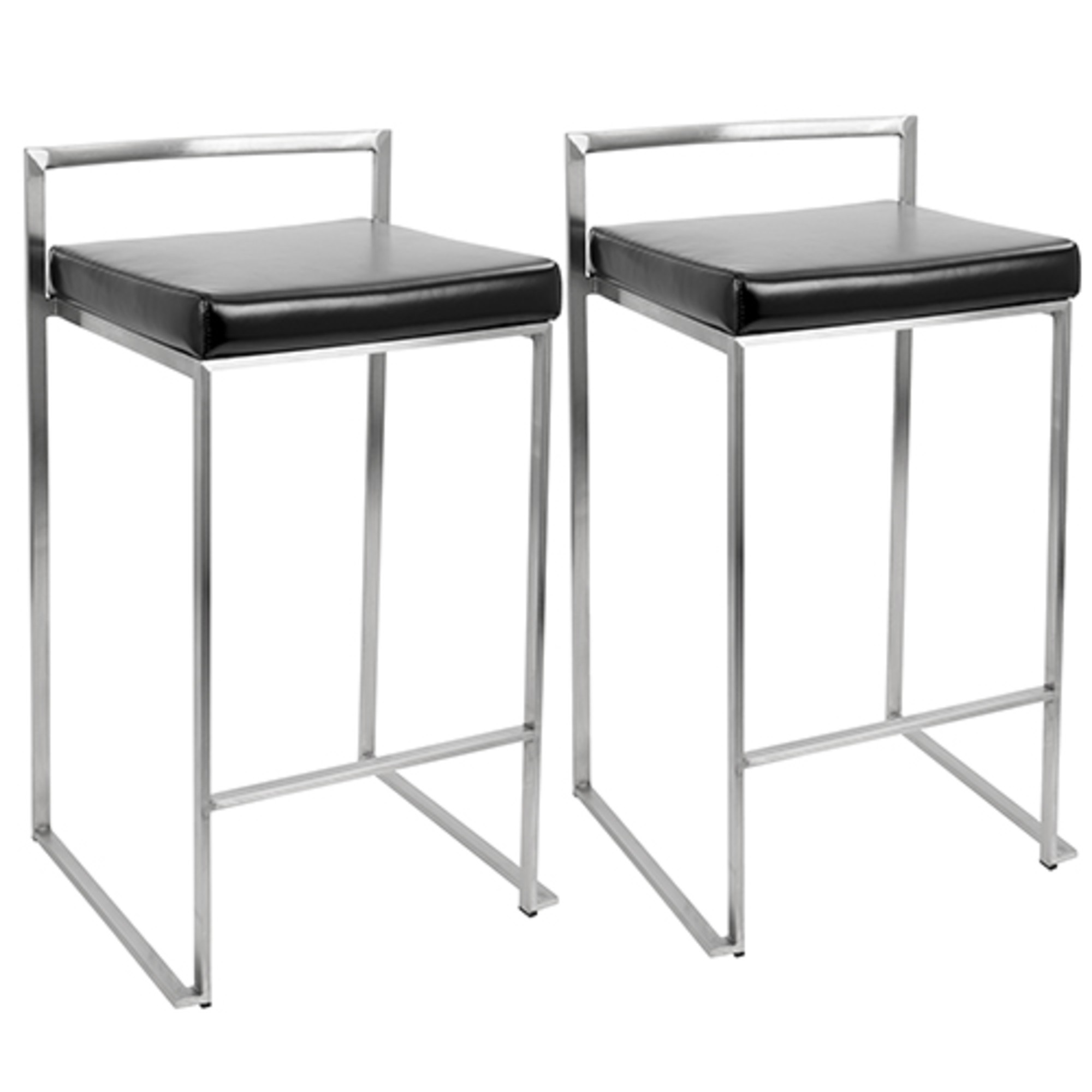 Contemporary Home Living Set of 2 Silver and Black Leather Square Cushioned Fuji Stackable Barstool 31”