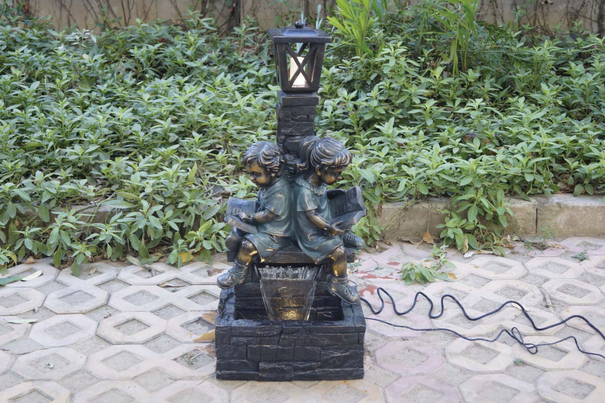 Hi-Line Gifts 36" Bronze Fountain Kids Reading with Lamp with LED Lights