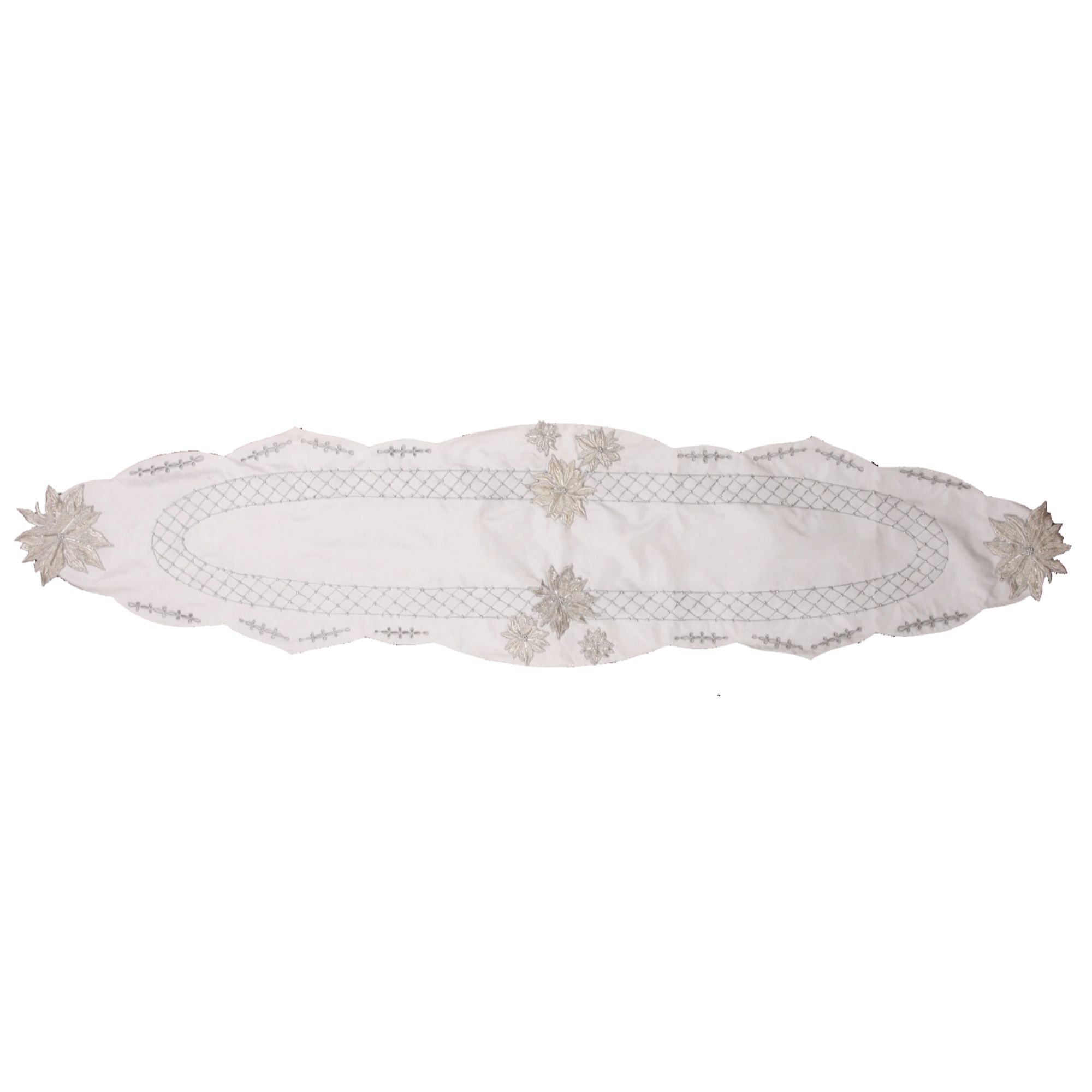 Crafted Creations 16" x 68" White Floral Hand Beaded Table Runner with Scallop Edge