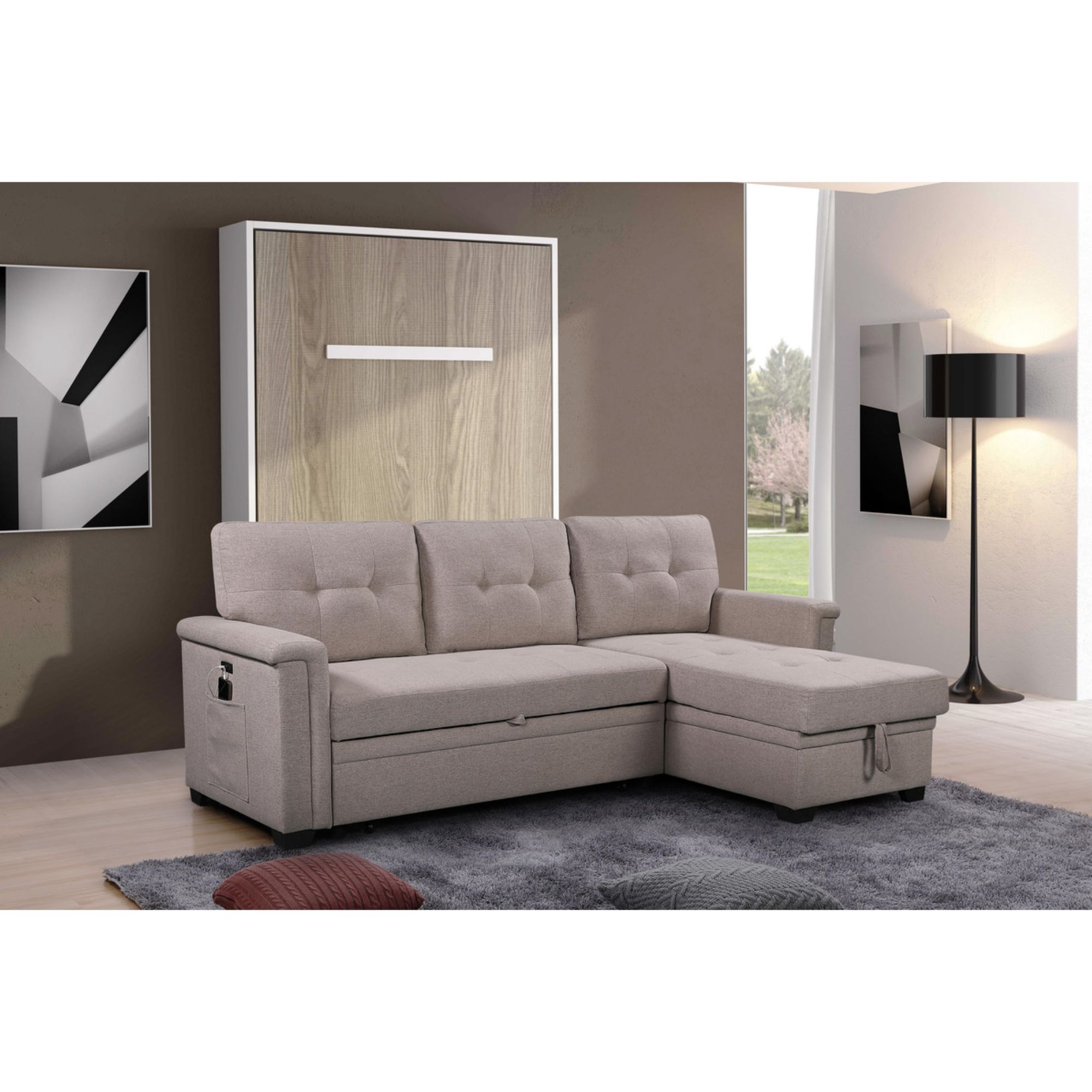 Contemporary Home Living 86 Ashlyn Gray Linen Reversible Sleeper Sectional Sofa With Storage Chaise Usb Charging Ports And Pocket Contemporary Home Living 86 Ashlyn, Reversible Sleeper Sectional Sofa With Storage Chaise