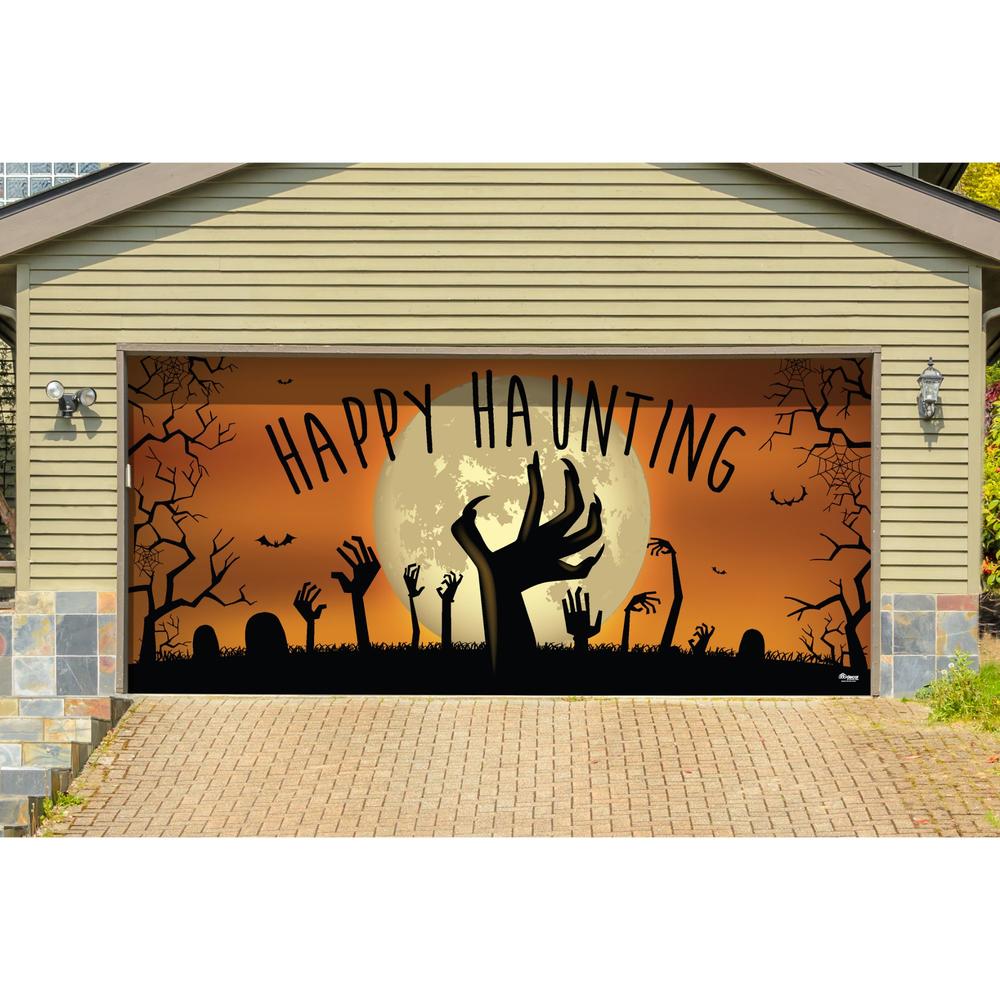 Showdown Displays 7' x 16' Orange and Black Zombie Hands Halloween Double Car Garage Door Banner
