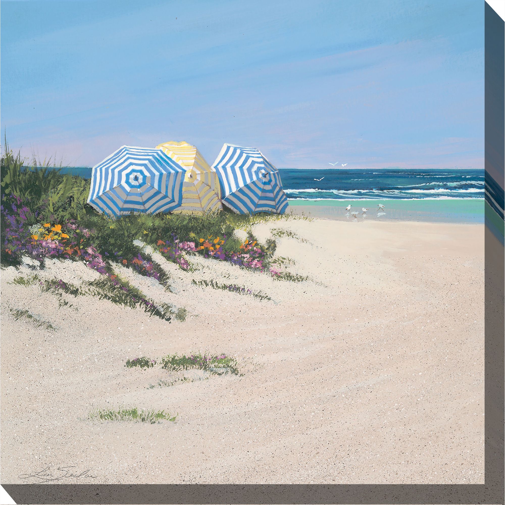 Outdoor Living and Style Blue and Yellow Beach Umbrellas Outdoor Canvas Square Wall Art Decor 24" x 24"