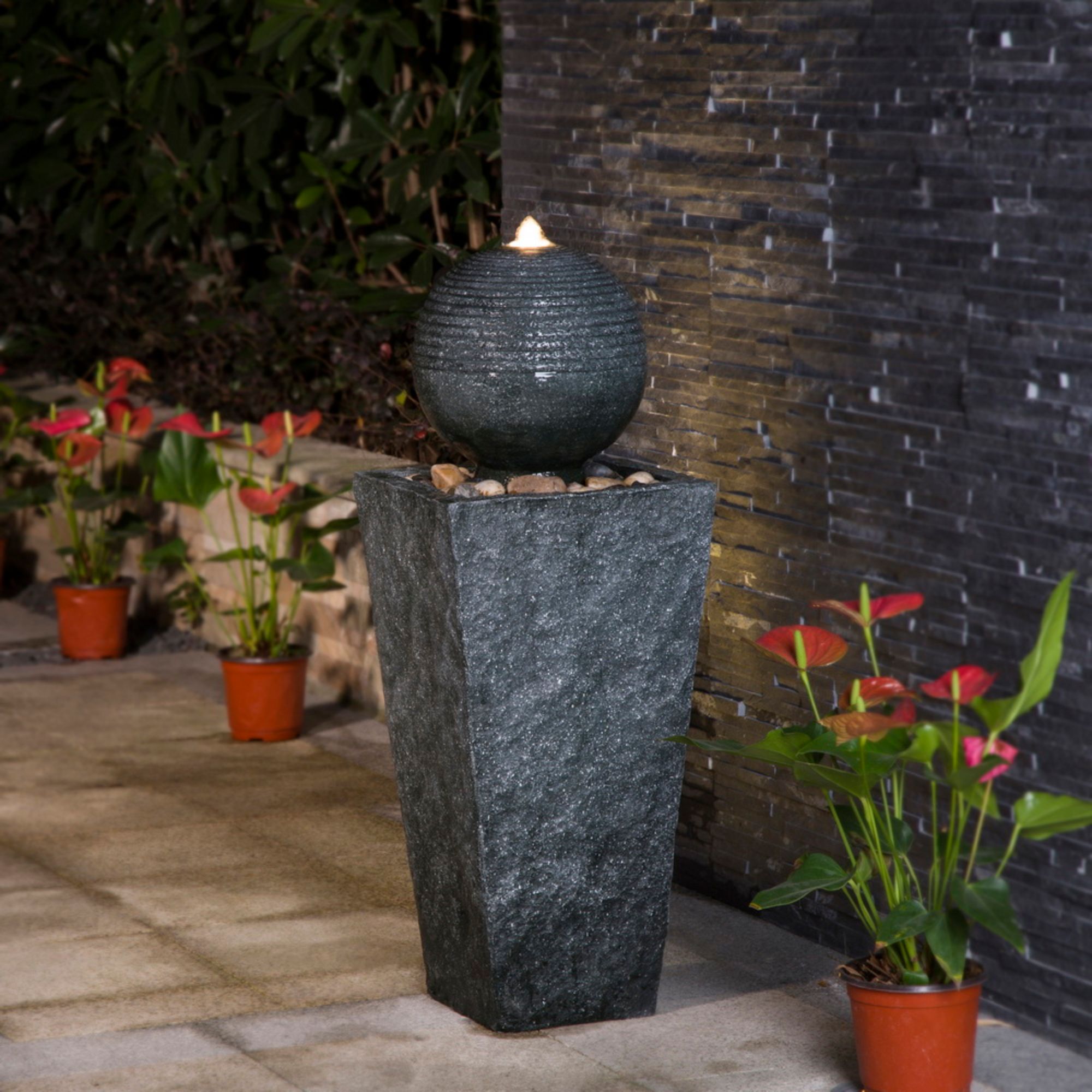 Glitzhome 31.5" Gray and White Rippling Floating Sphere Outdoor Garden Pedestal Fountain with LED Light