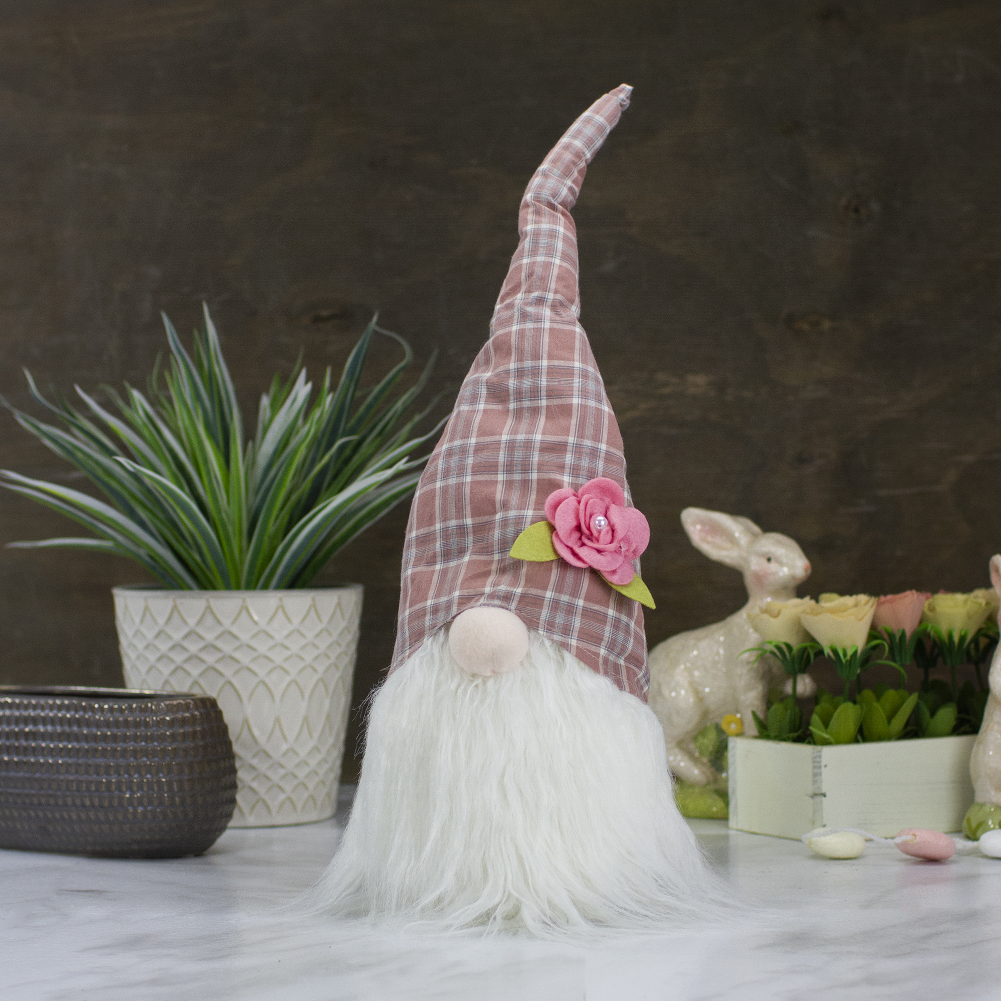 Northlight 20" Pink and White Plaid Spring Gnome Head Table Top Decor