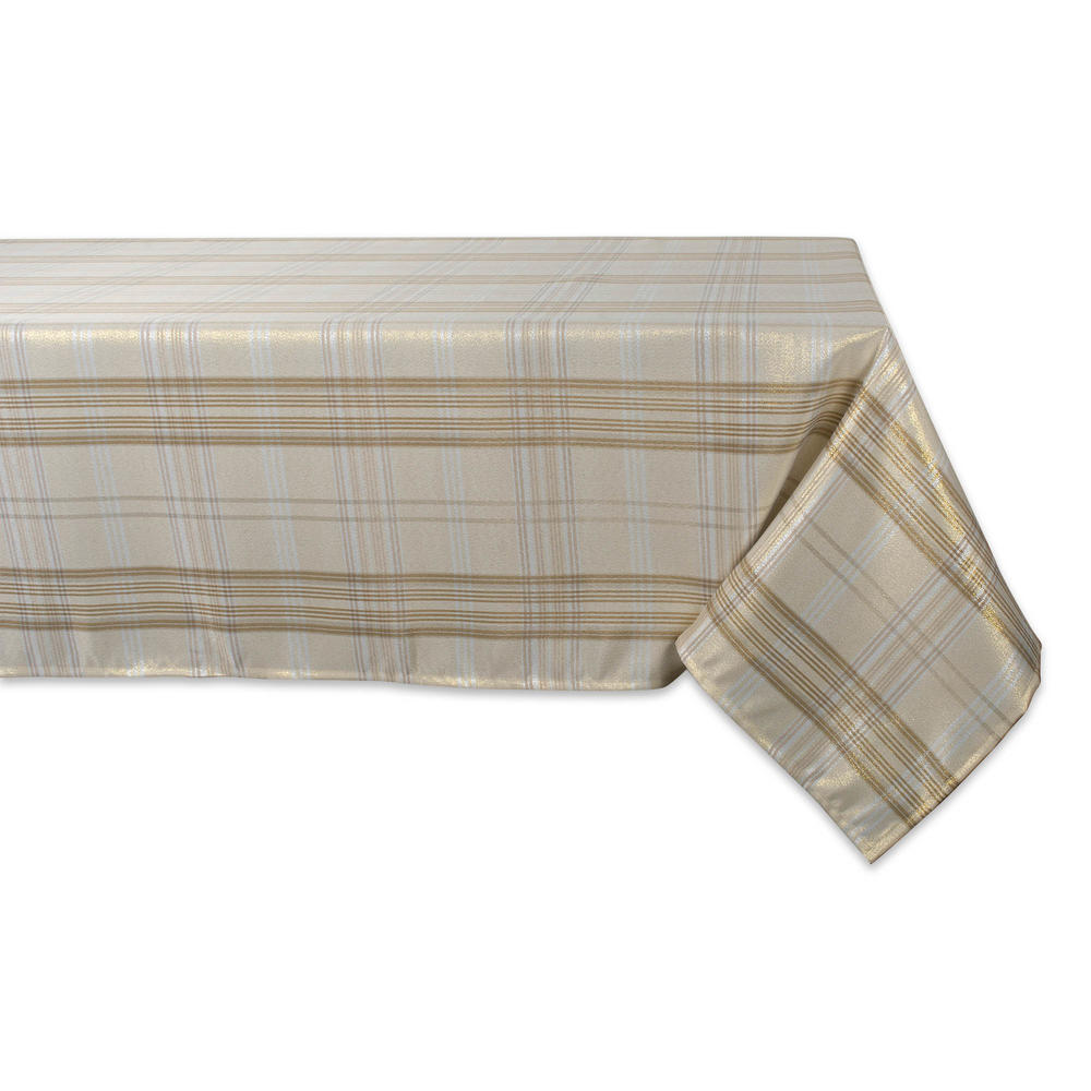 Contemporary Home Living 52" Cream White and Brown Metallic Plaid Square Tablecloth