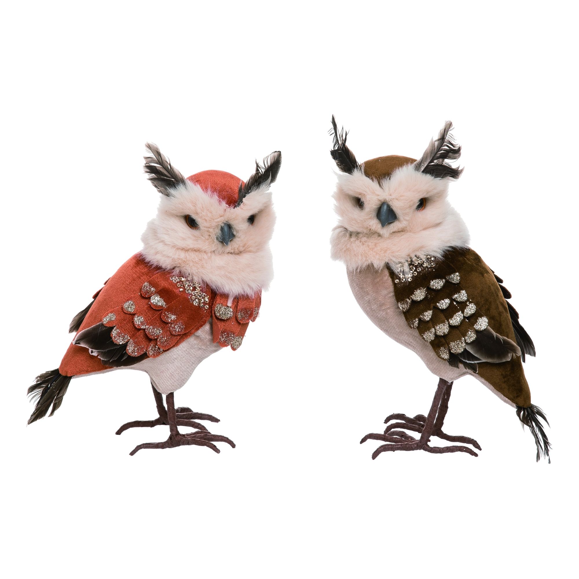 Contemporary Home Living Set of 2 Glitz Velour Owl Thanksgiving Tabletop Figurines 11"