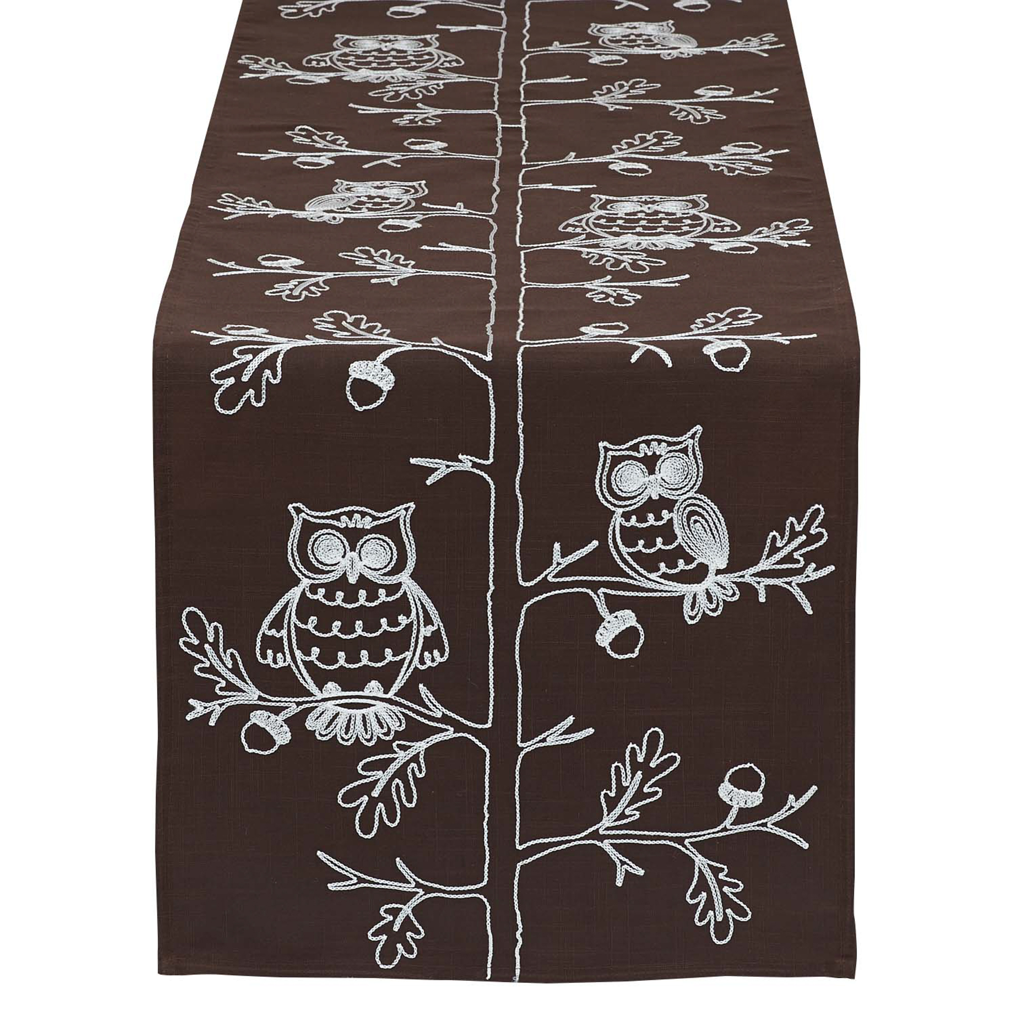 Contemporary Home Living 70" Brown and White Embroidered Owls Rectangular Table Runner