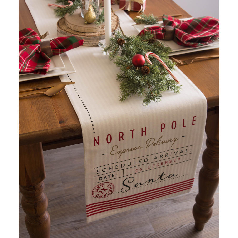 CC Home Furnishings 14" x 72" Beige and Red Santa's Workshop Themed Printed Rectangular Table Runner