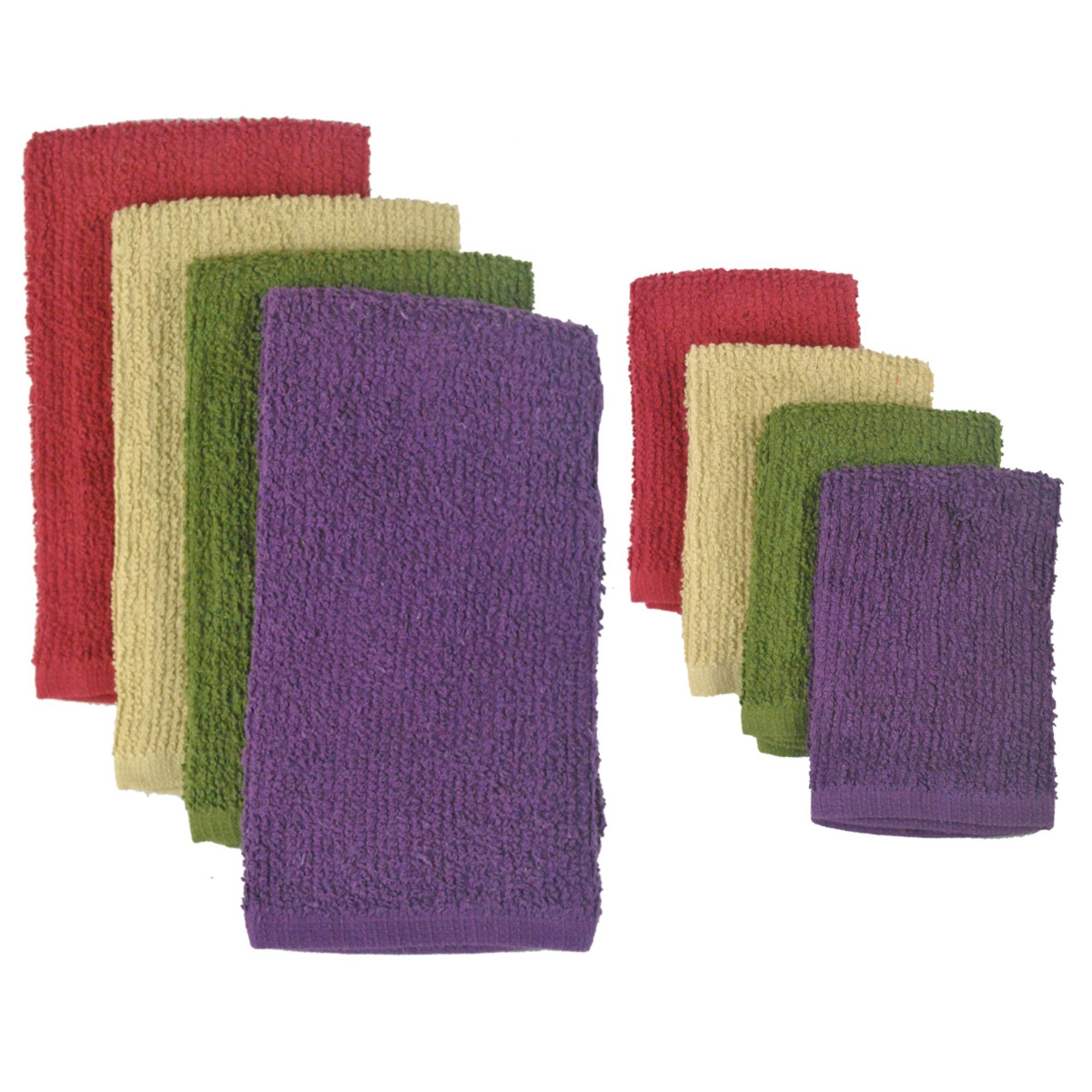 CC Home Furnishings Pack of 8 Solid Multi-Colored Dish Towel and Wash Cloth Kitchen Accessory Set - Terry Cloth