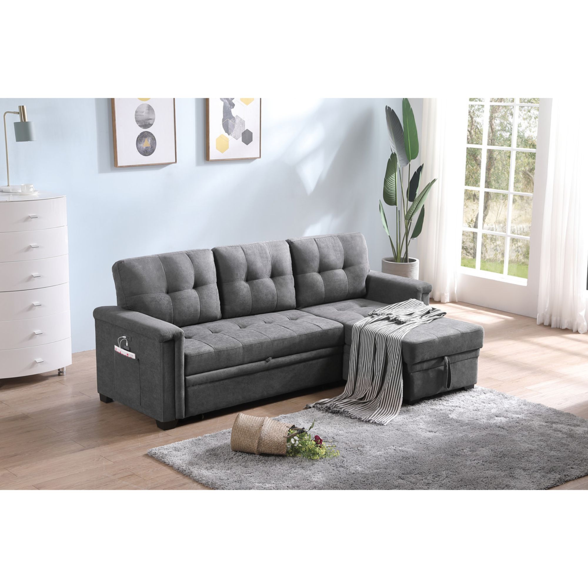 Contemporary Home Living Furniture, Kaden Fabric Sleeper Sectional Sofa With Storage Chaise And Arms