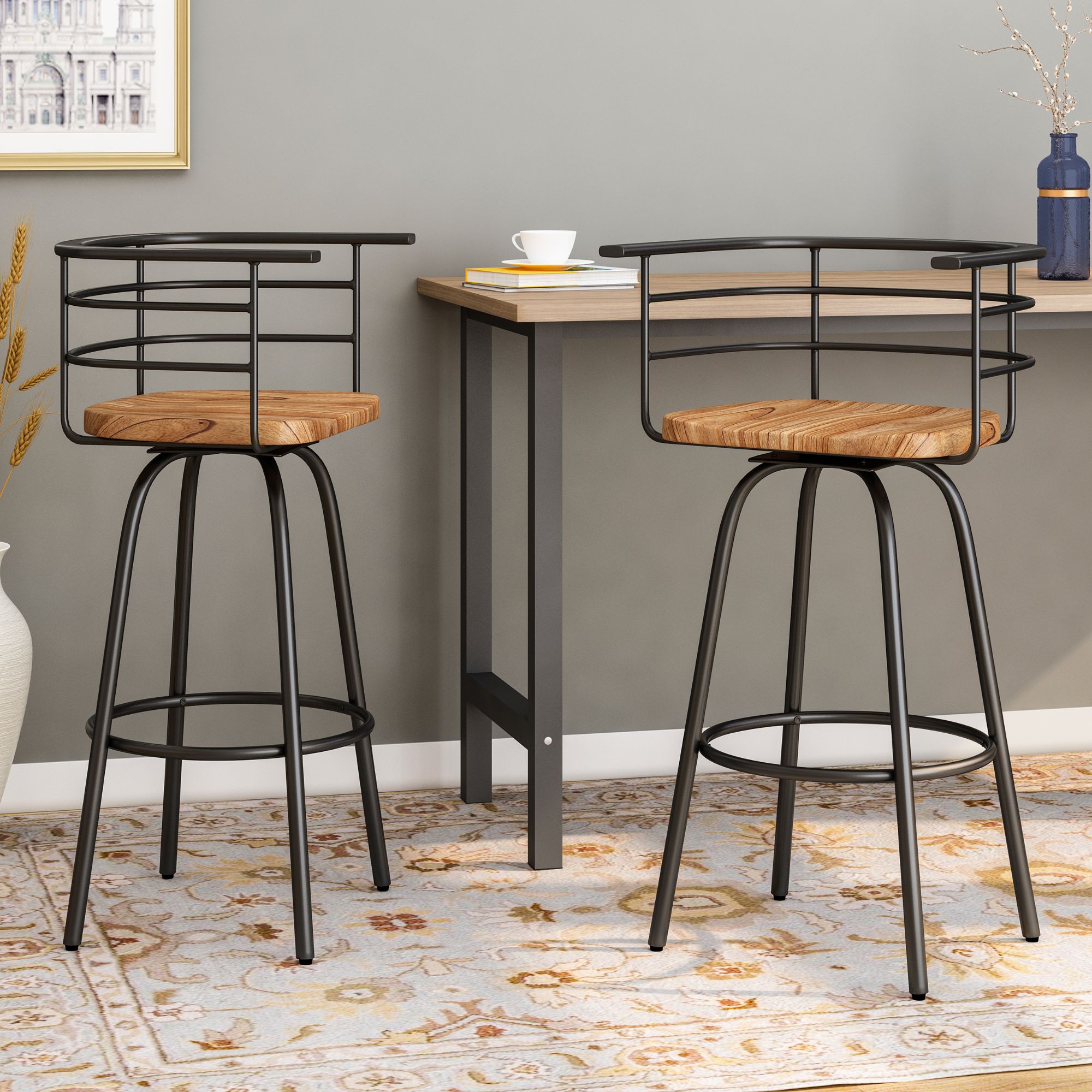 Photo 1 of Contemporary Home Living Set of 2 Brown and Gray Modern Swivel Bar Stools 38.5
