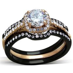 Luxe Jewelry Designs 3-Piece Women's Rose Gold and Black IP Stainless Steel Wedding Ring Set with CZ - Size 6