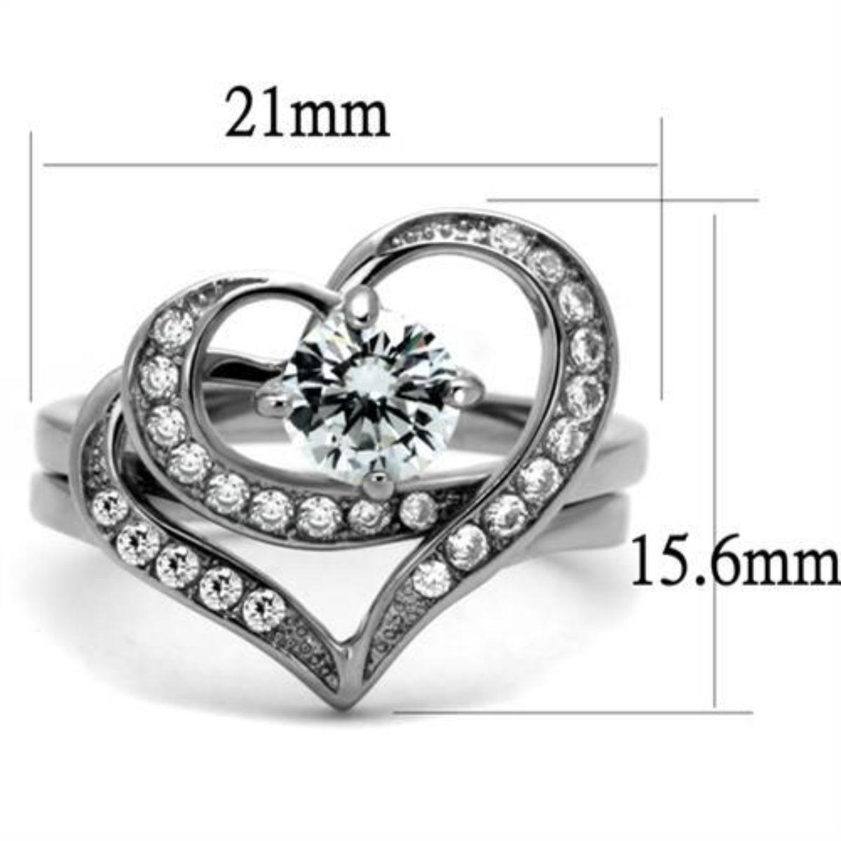Luxe Jewelry Designs Set of 2 Women's Stainless Steel Heart Shaped Rings with Round CZ Stones, Size 9