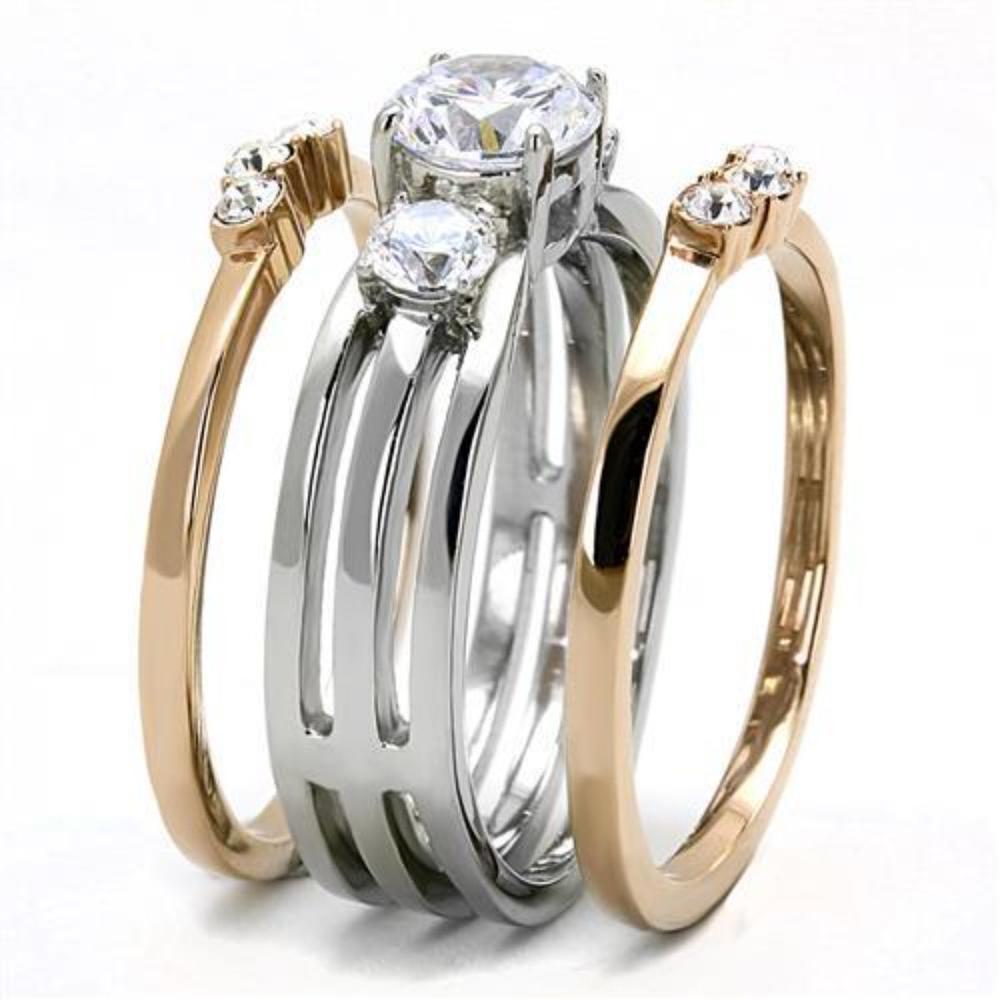 Luxe Jewelry Designs 3-Piece Women's Two Tone Rose Gold IP Stainless Steel Wedding Ring Set with CZ, Size 7