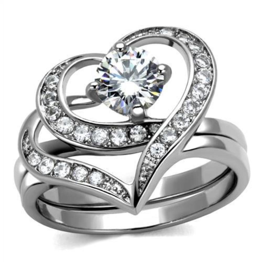 Luxe Jewelry Designs Set of 2 Women's Stainless Steel Heart Shaped Rings with Round CZ Stones, Size 9