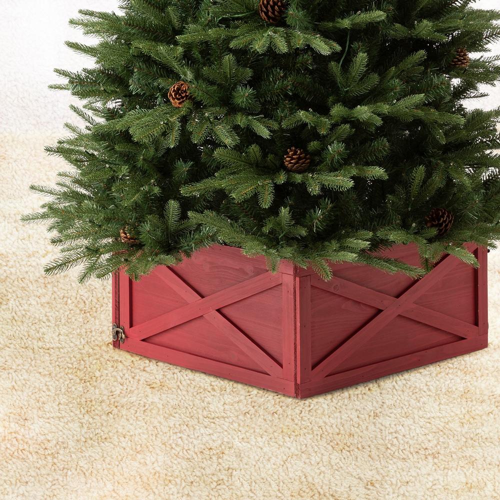 Glitzhome 26" Red and Brown Wooden Christmas Tree Collar