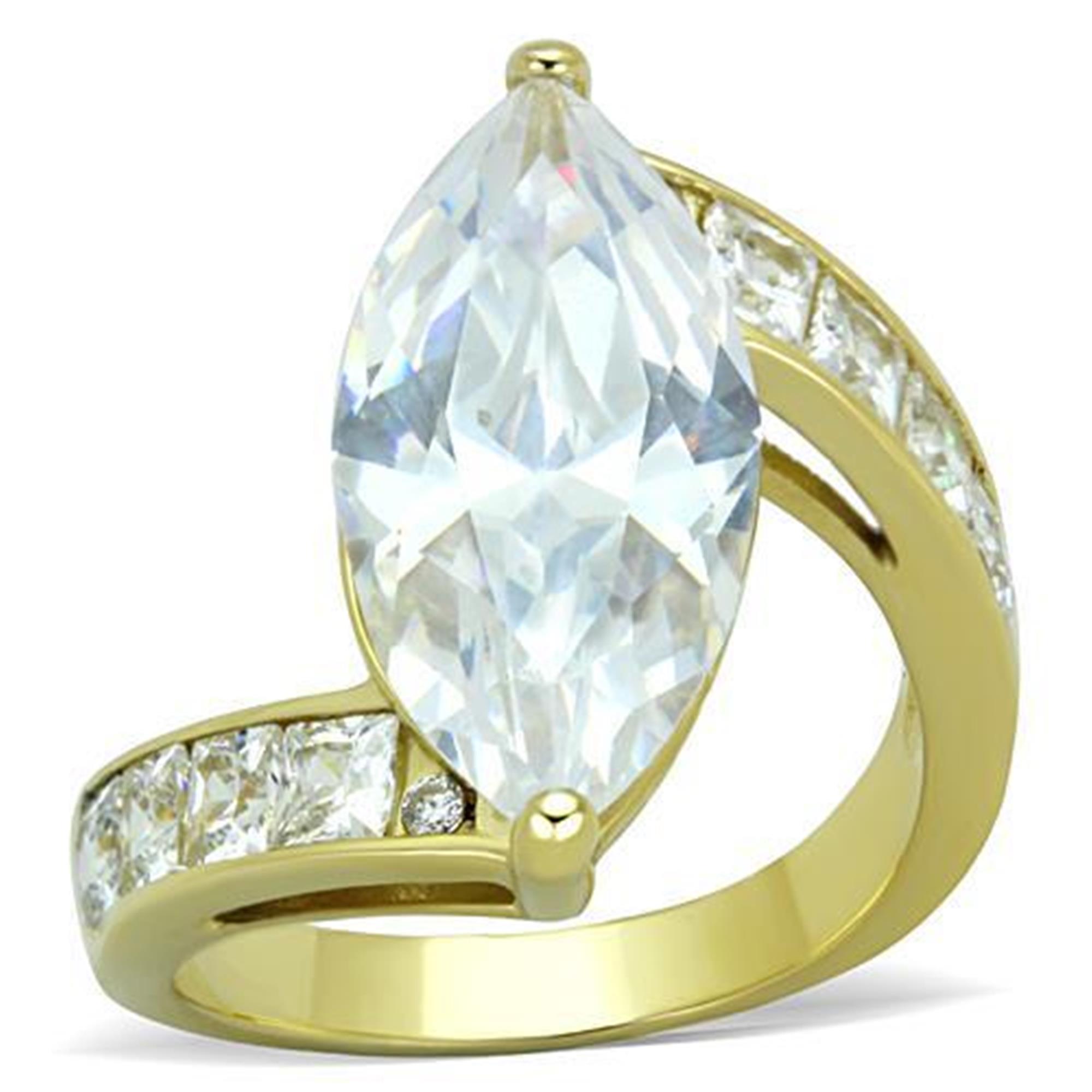 Luxe Jewelry Designs Women's Gold IP Stainless Steel Engagement Ring with Marquise Bezel AAA Grade Cubic Zirconia in Clear - Size 7