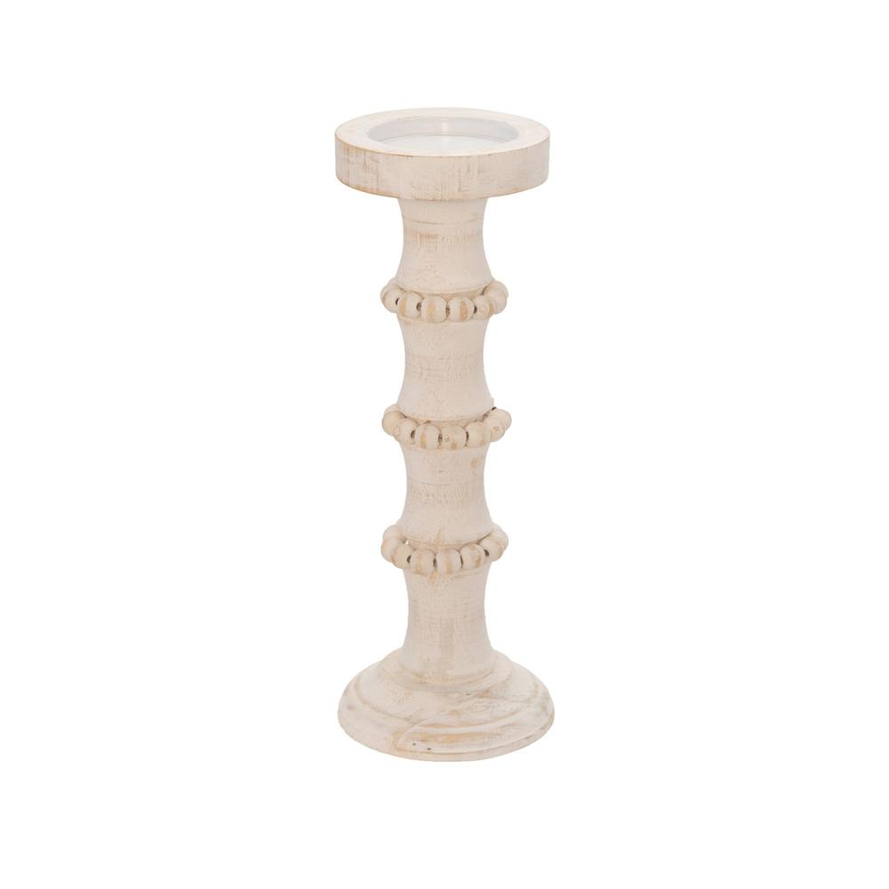 Kingston Living 13" White and Beige Banded Bead Candle Holder