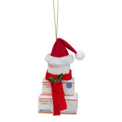 Northlight 4.5" White and Red "USPS Priority Mail" Stacked Packages Santa Hat Christmas Ornament