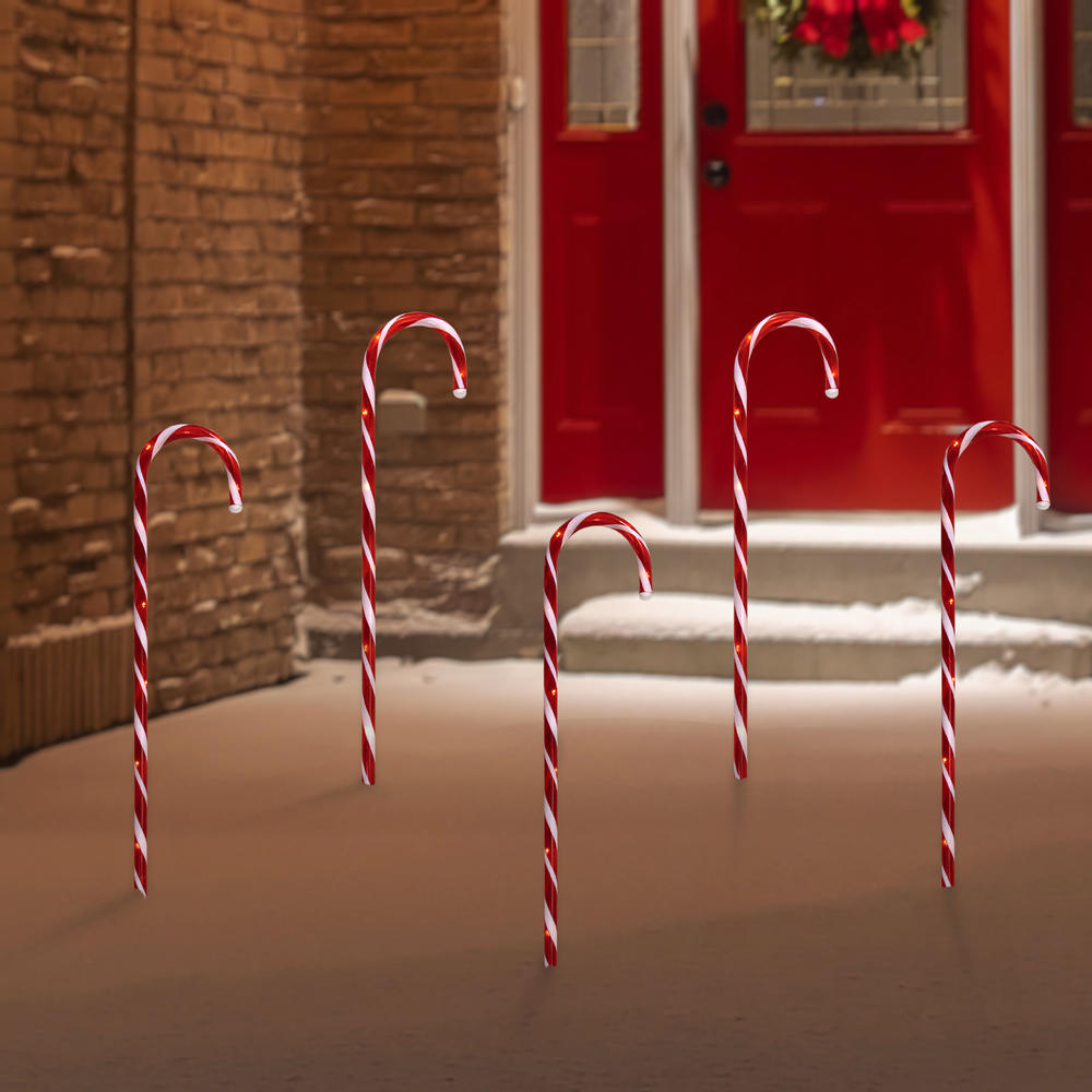 Northlight Set of 5 Red Lighted Candy Cane Christmas Lawn Stakes 28" - Battery Operated