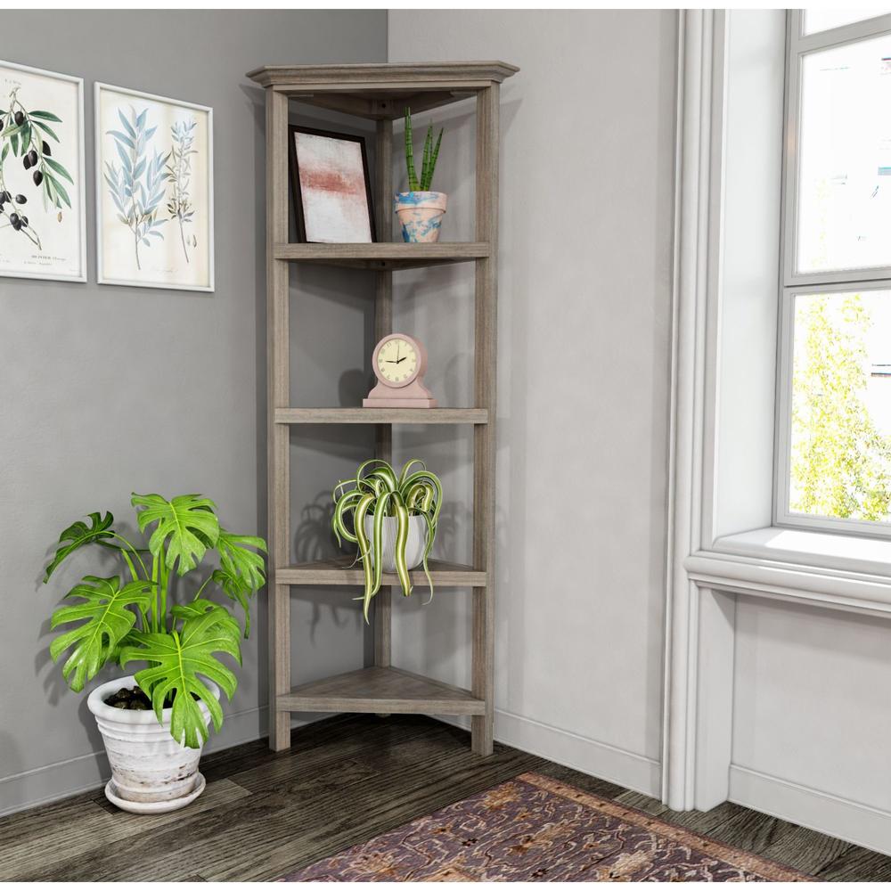 Contemporary Home Living 59.75" Washed Gray Wooden Open Shelf Corner Bookcase