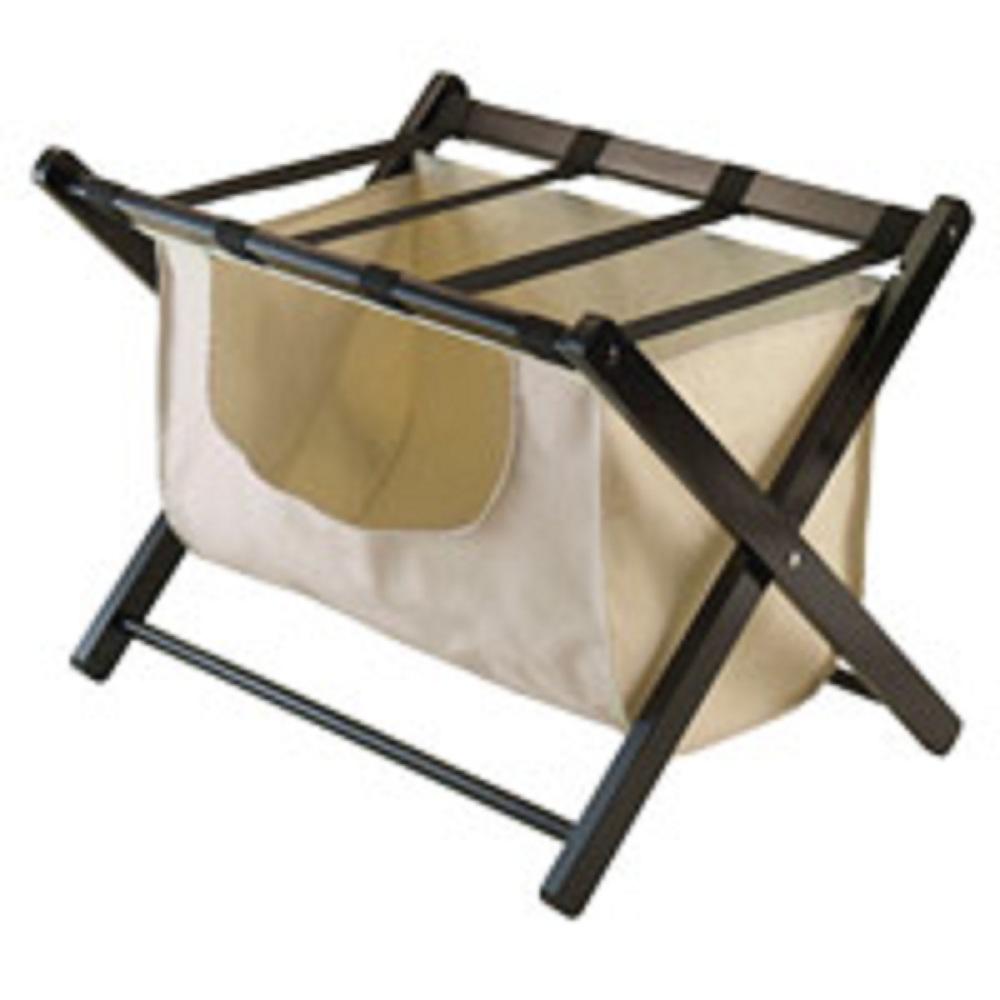 Contemporary Home Living 20” Black and Beige Luggage Rack with Removable Fabric Basket
