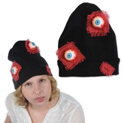 Beistle Club Pack of 12 Halloween Black and Red Bloodshot Eyeballs Knit Caps 11”