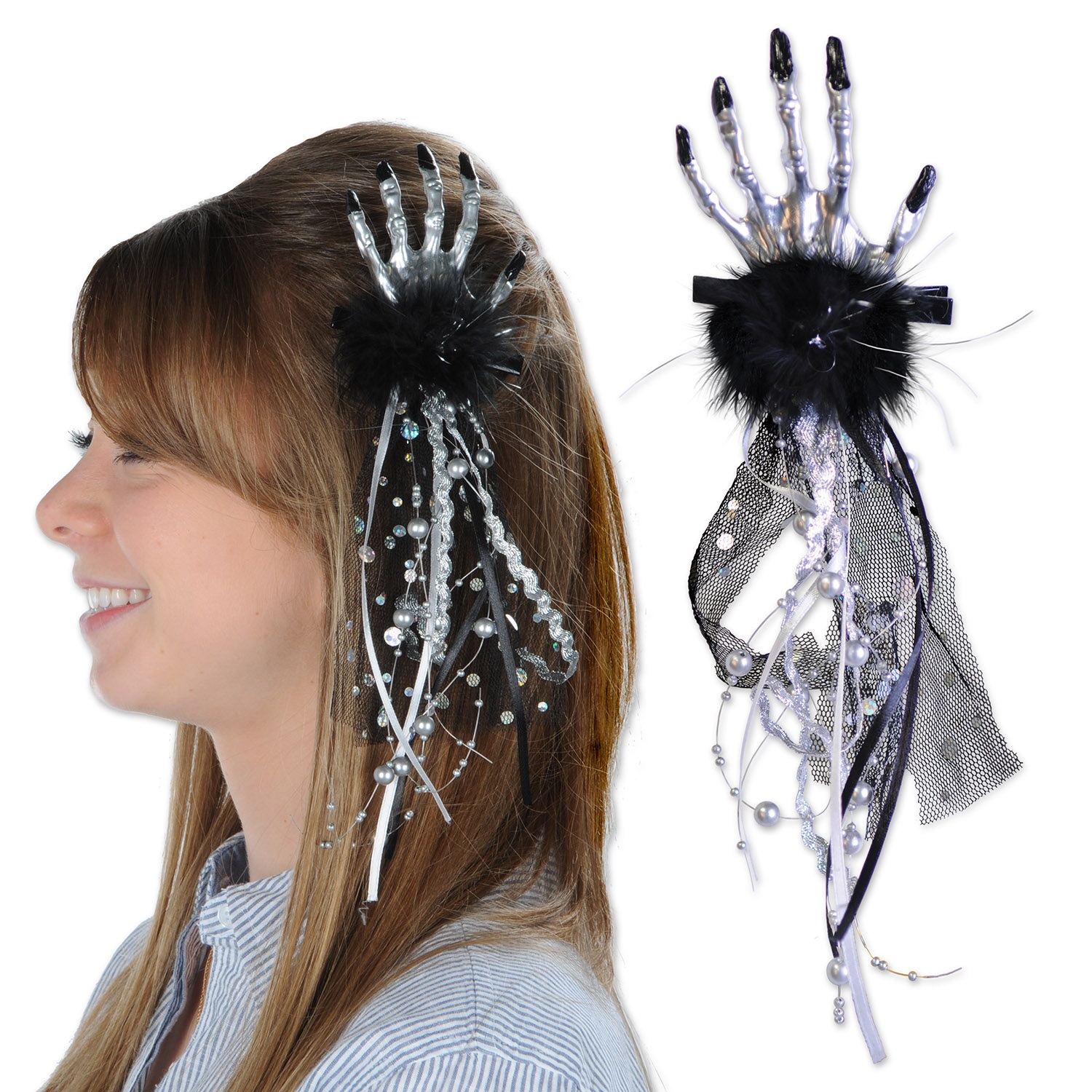 Beistle Club Pack of 12 Halloween Silver and Black Skeleton Hand Hair Clips 10”