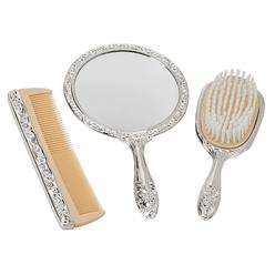 Contemporary Home Living creative gifts International Nickel Plated Brass, Non-Tarnished 3-Piece Vanity Set, Brush, comb, Mirror Set With Embosse
