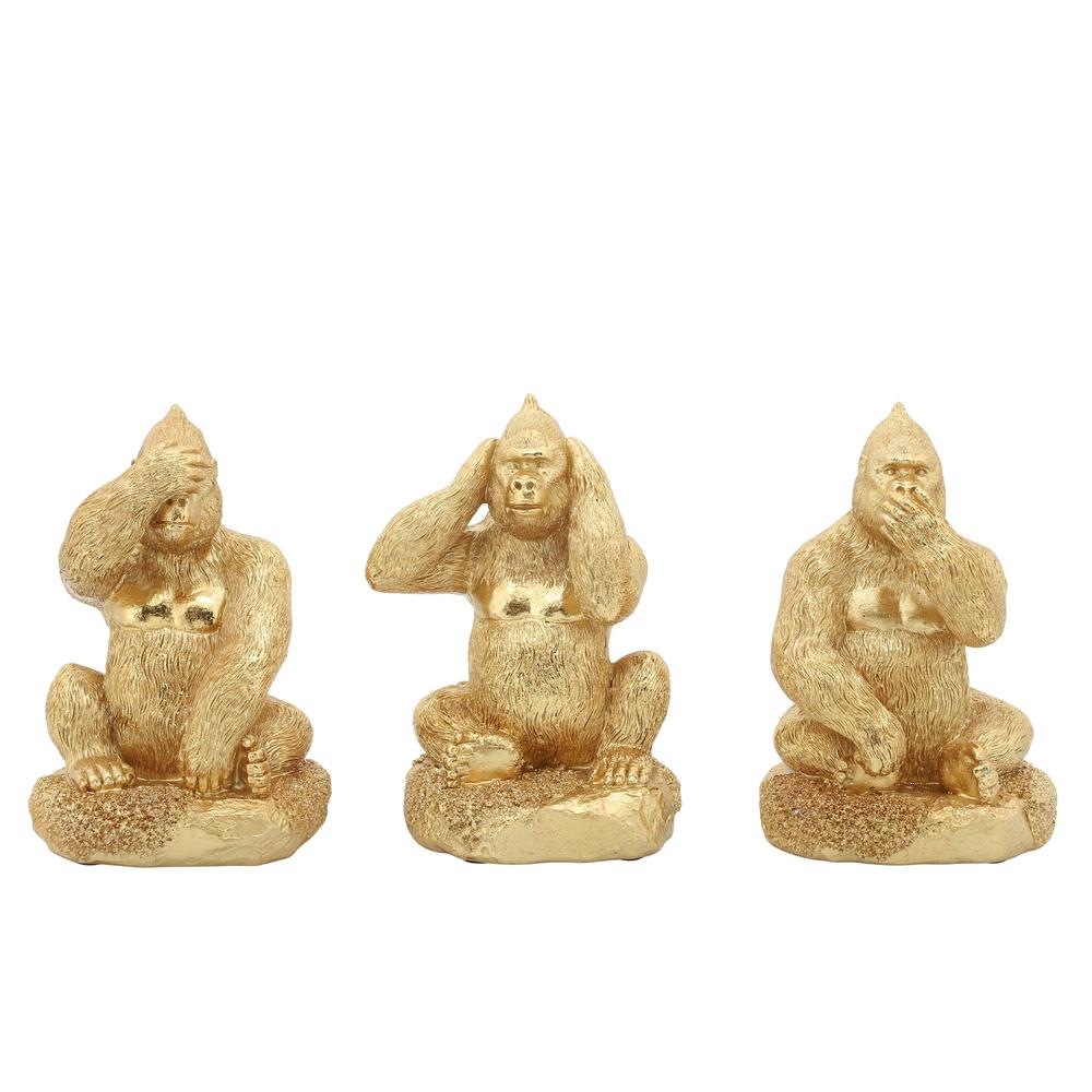 Kingston Living Set of 3 Gold No Evil Gorillas Tabletop Figurines 6"