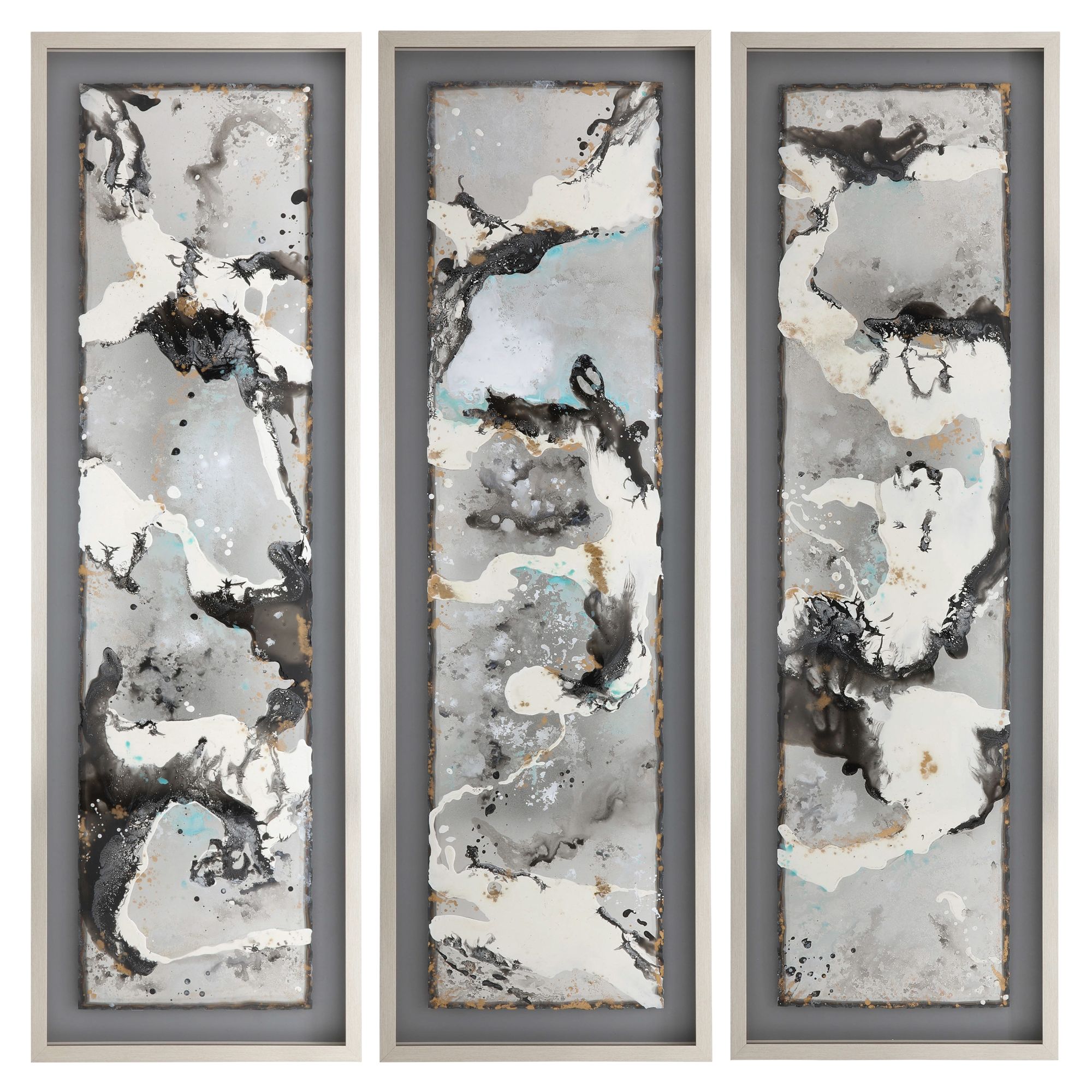 Kingston Living Set of 3 Black and Silver Abstract Canvas Framed Rectangular Wall Arts 66" x 21"