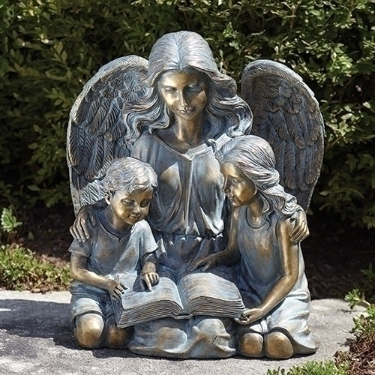 Roman 15.5" Gray and Bronze Angel with Two Kids Christmas Outdoor Garden Statue