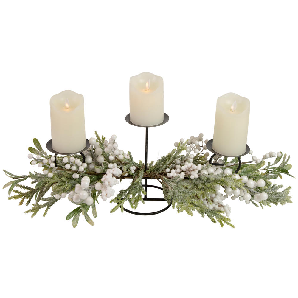 Northlight 26" Triple Candle Holder with Frosted Foliage and Berries Christmas Decor