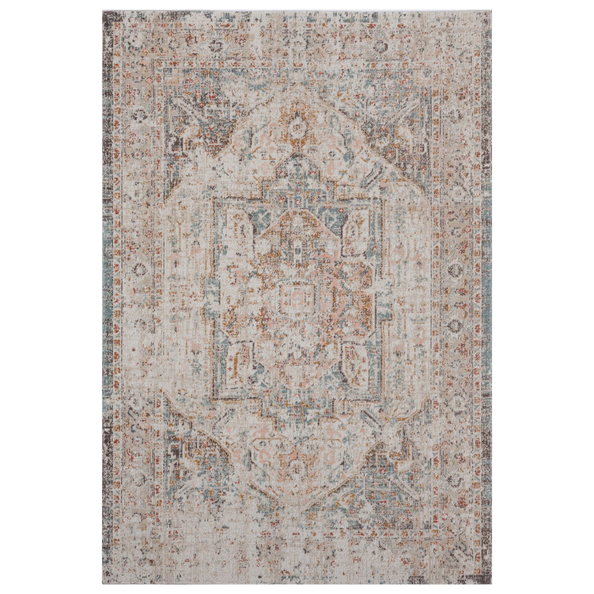 Laddha Home Designs 5.25' x 7.75' Beige and Brown Distressed Medallion Rectangular Outdoor Area Throw Rug