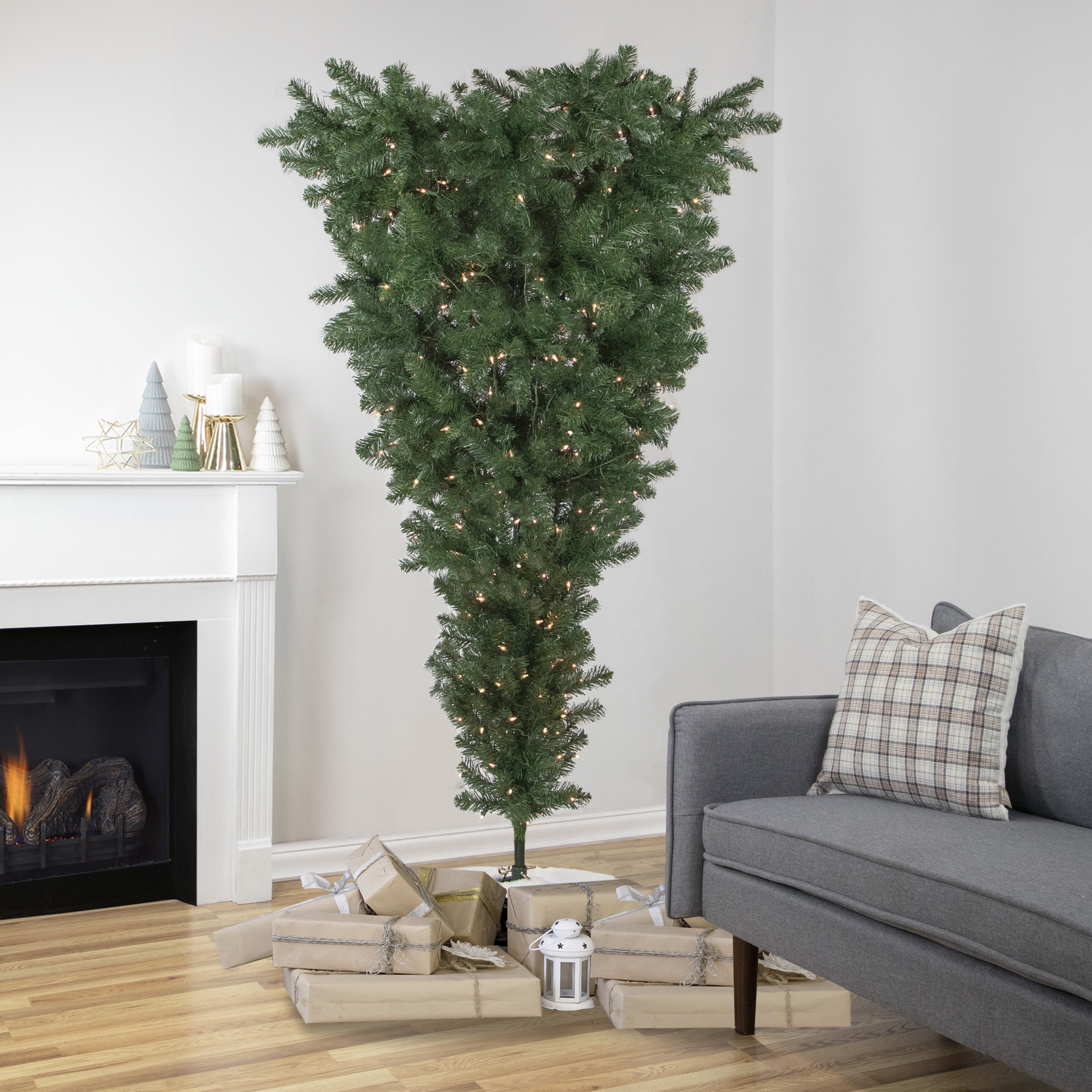 Northlight 7.5' Pre-Lit Green Upside Down Spruce Artificial Christmas Tree, Clear Lights
