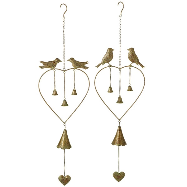 Midwest Pack of 4 Gold Heart Wind Chime with Birds and Bells 39”