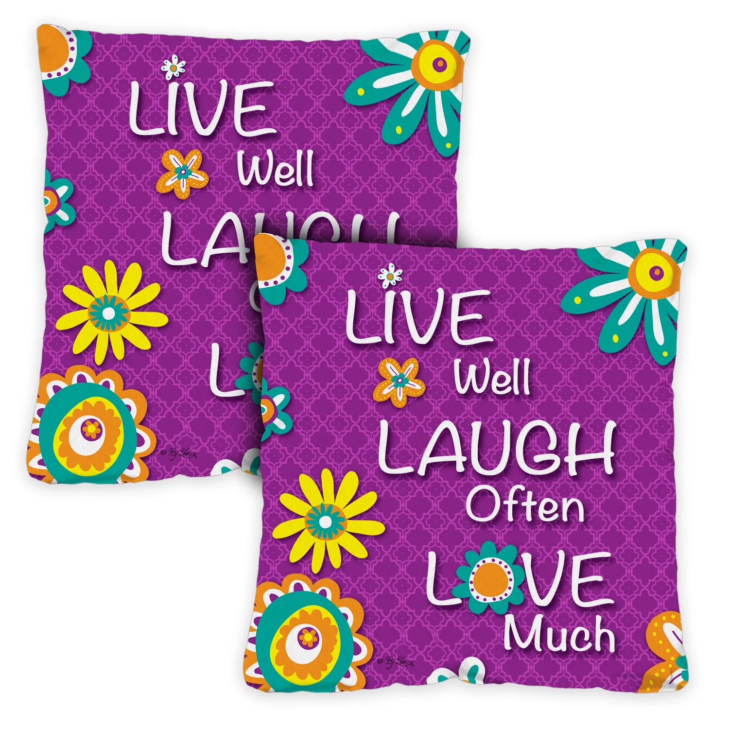 Toland Home Garden Set of 2 Purple Floral "Live Well Laugh Often Love Much" Outdoor Patio Throw Pillow Covers 18"