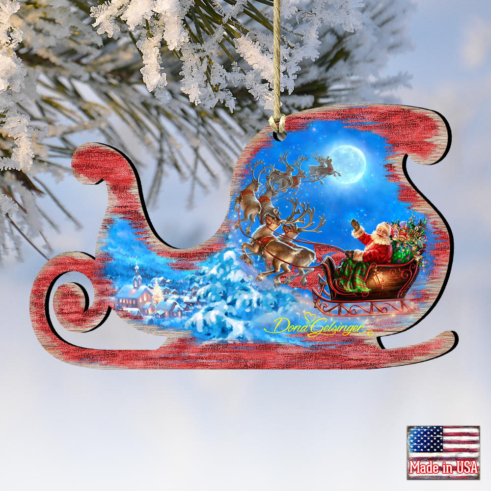 Designocracy Set of 2 Santa Magical Flight Wooden Sleigh Christmas Ornaments 5.5"