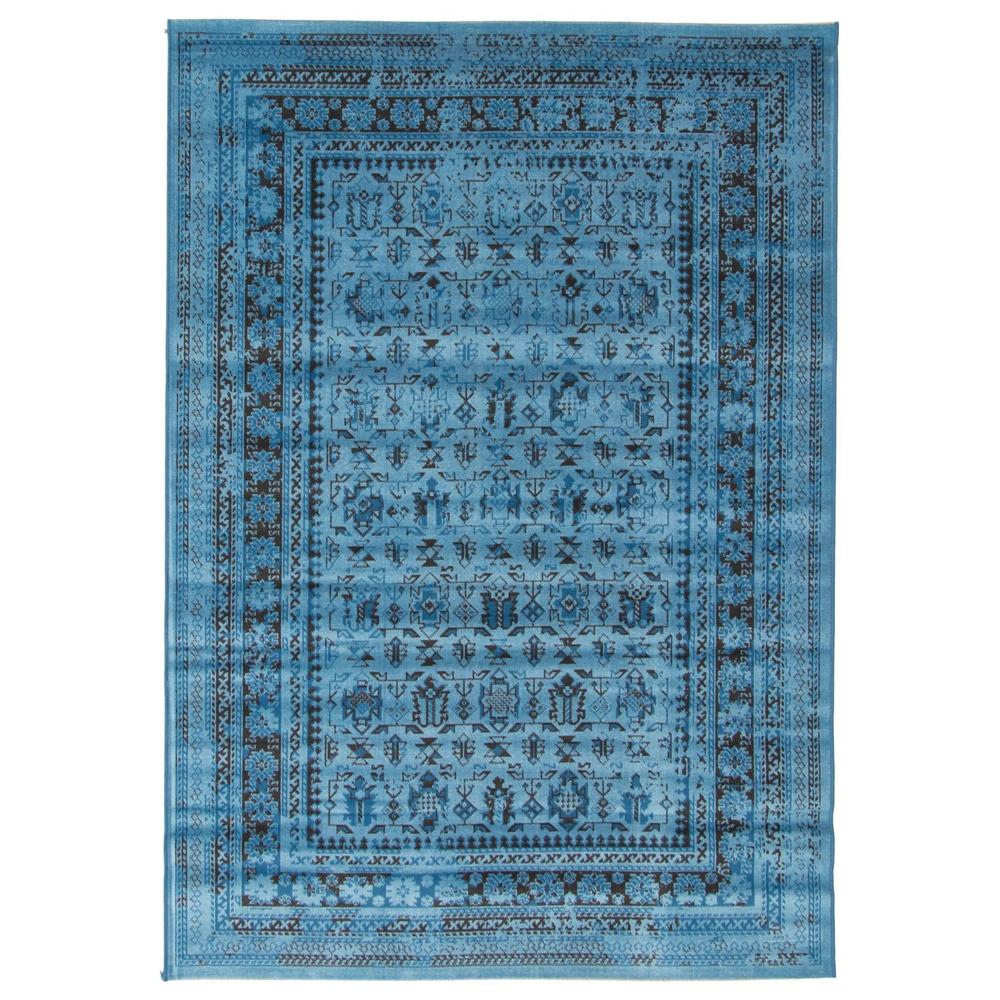 Chaudhary Living 6.5' x 9.5' Blue and Black Distressed Bordered Rectangular Area Throw Rug