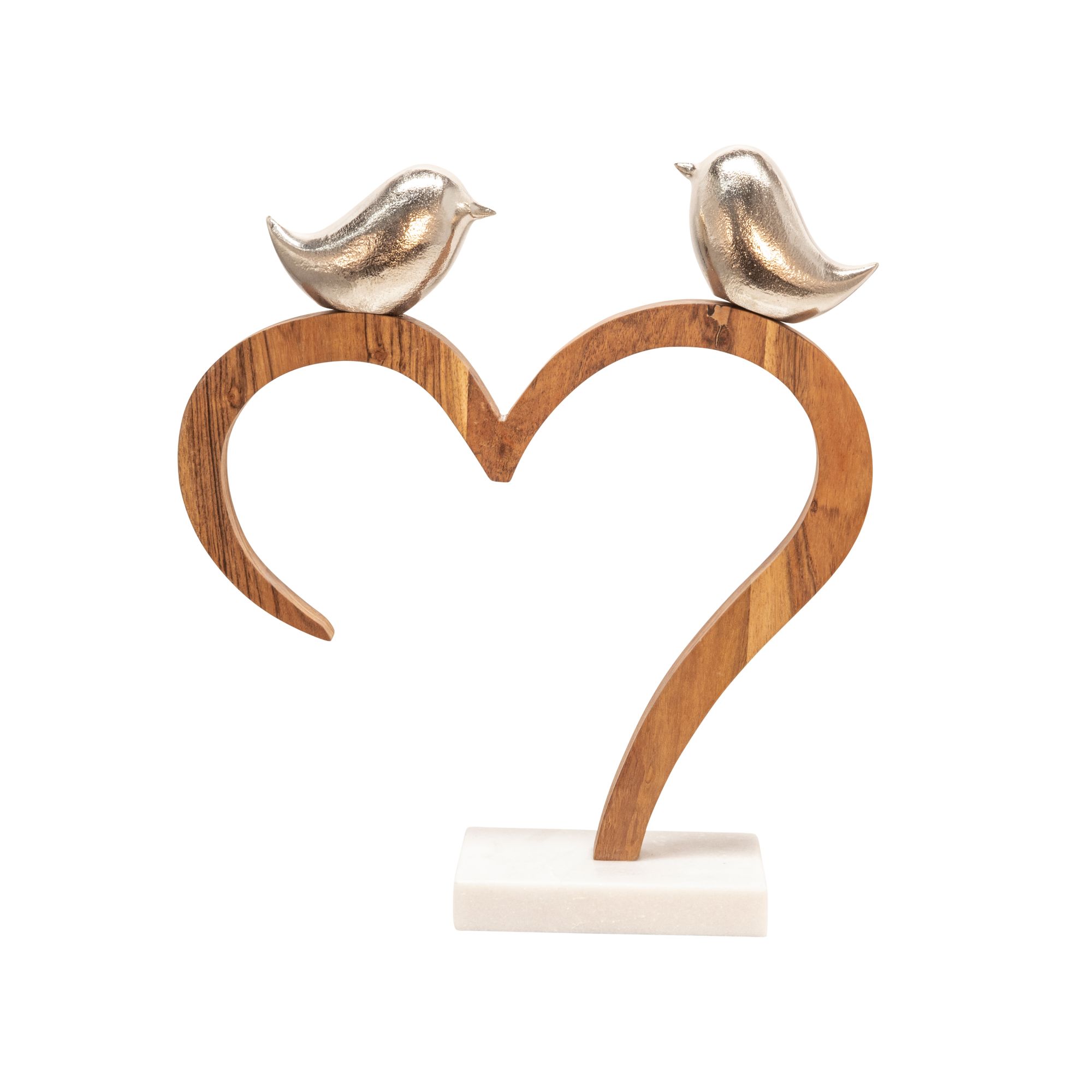 Kingston Living 15" Silver and Brown Birds Perched on Heart with Marble Base Tabletop Decor