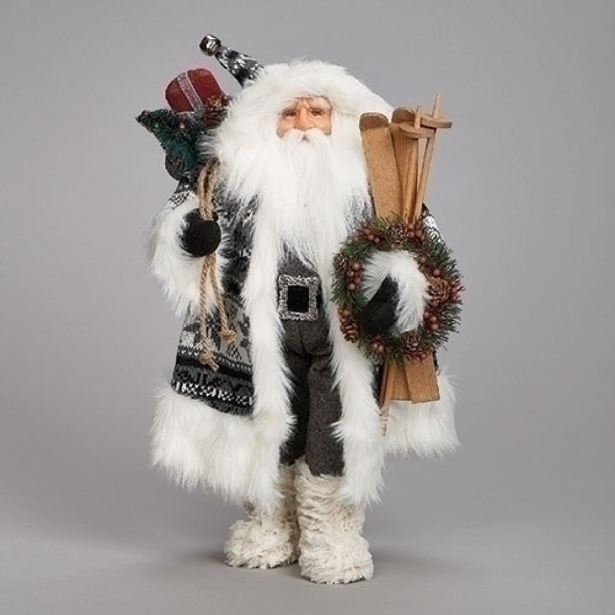 Roman 18.5" Gray and White Santa with Skis Sweater Christmas Tabletop Figurine