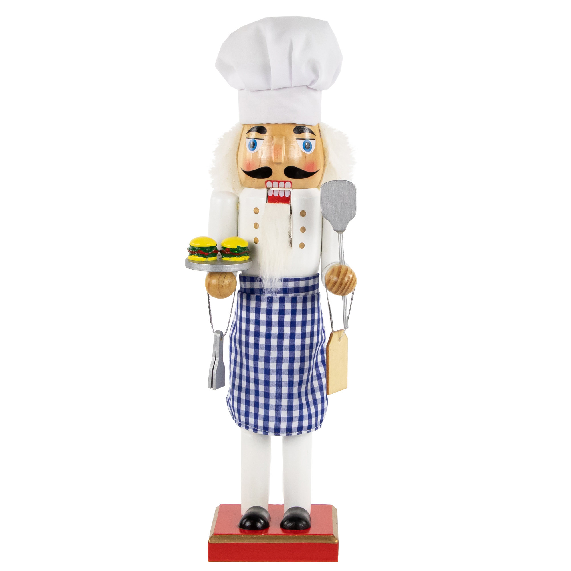 Nutcracker Factory 14" White and Blue Chef with Gingham Apron Wooden Christmas Nutcracker