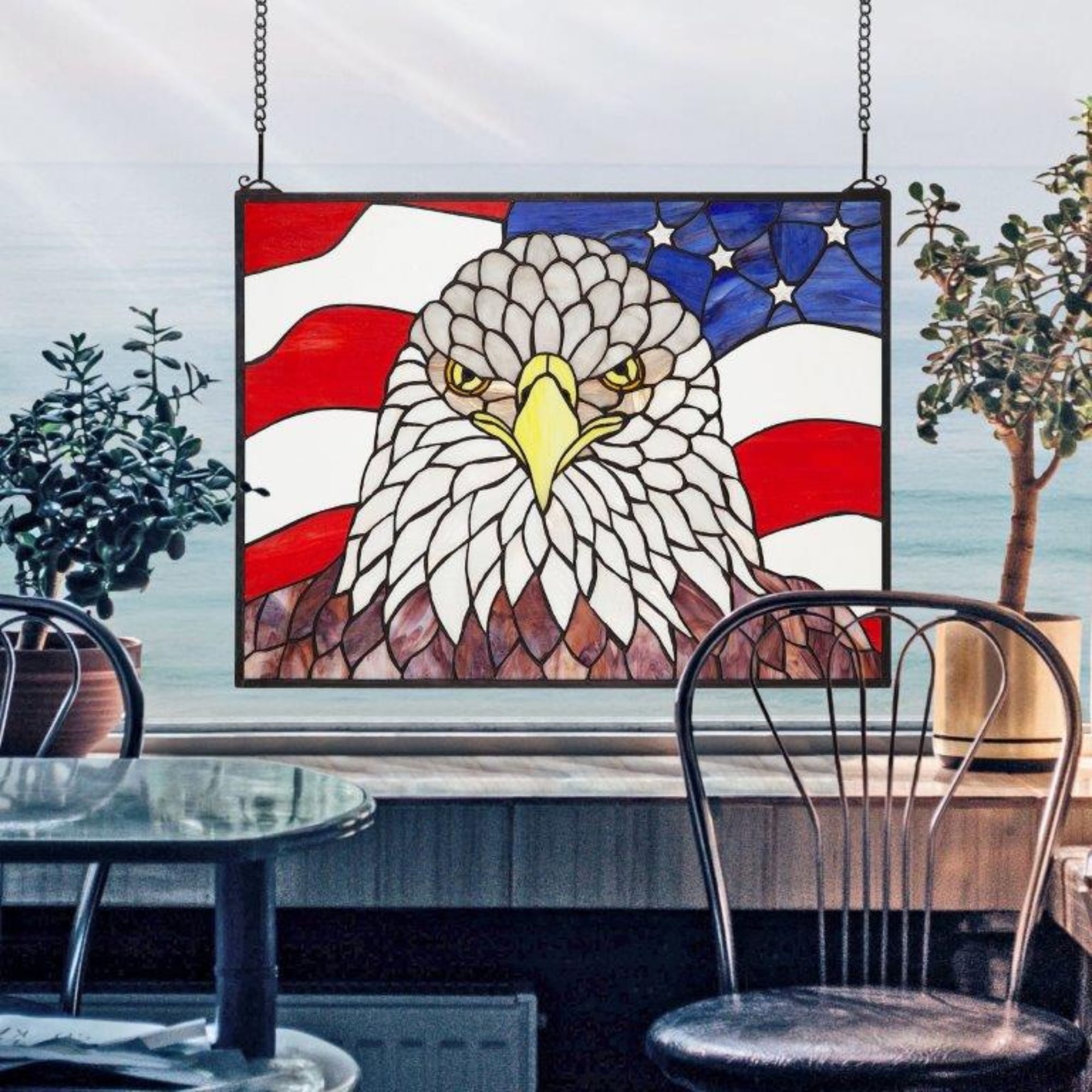 Outdoor Living and Style 24" Red and White Bald Eagle Stained Glass Window Wall Decor