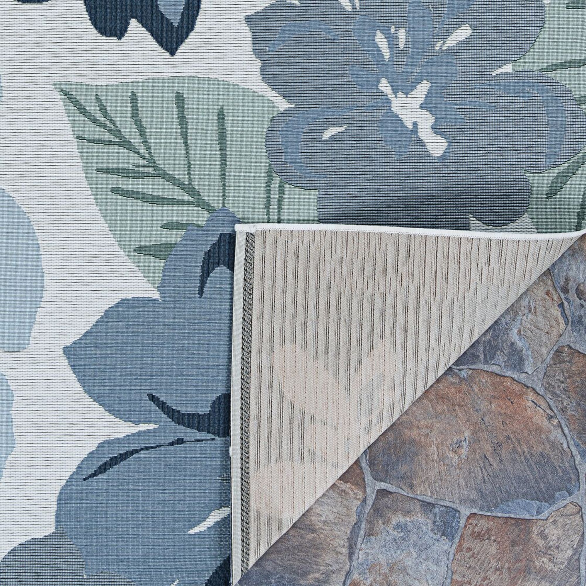 Couristan 4' x 5.8' Gray and Blue Floral Rectangular Outdoor Area Throw Rug
