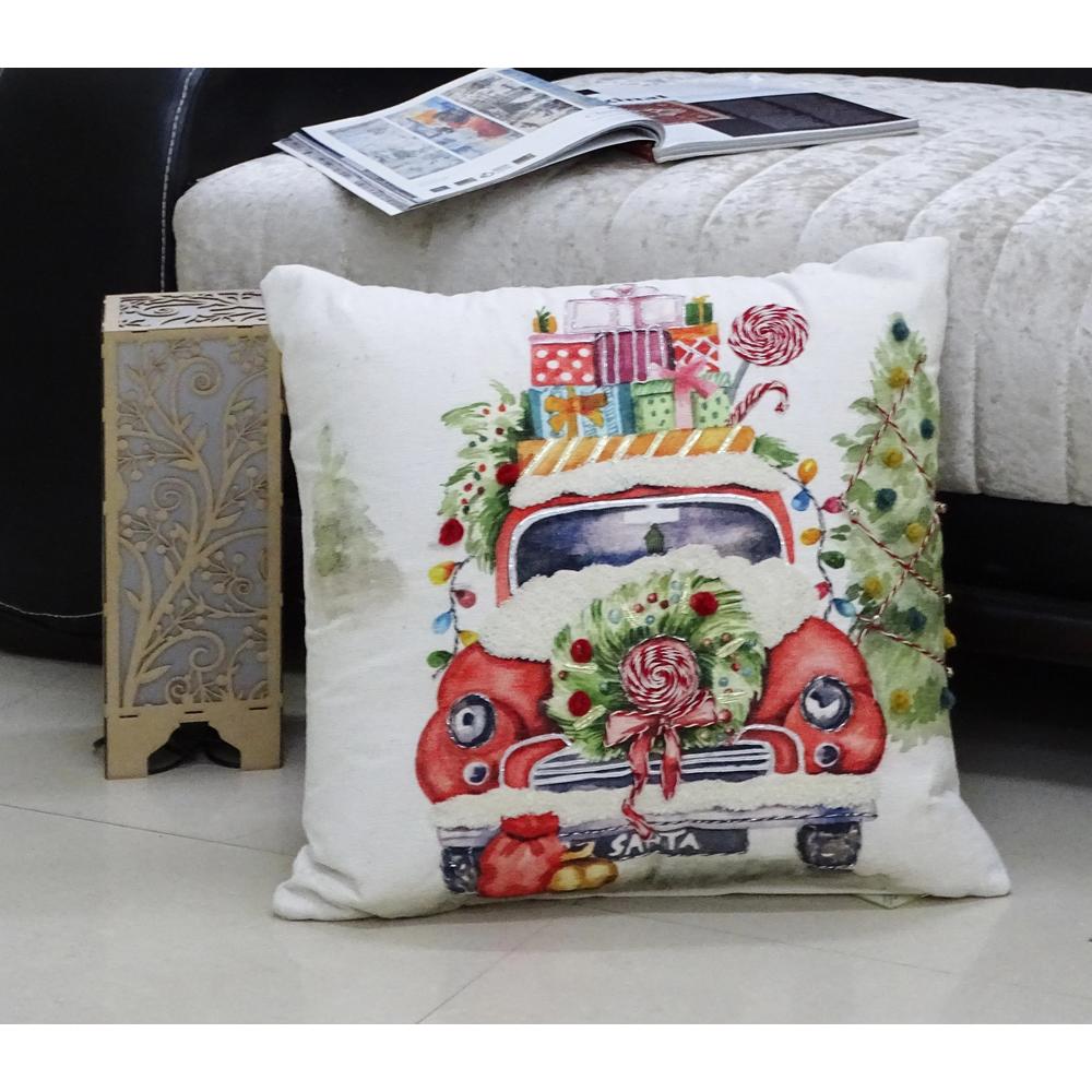 Contemporary Home Living 20" White and Green Christmas Car with Gifts Embroidered Throw Pillow