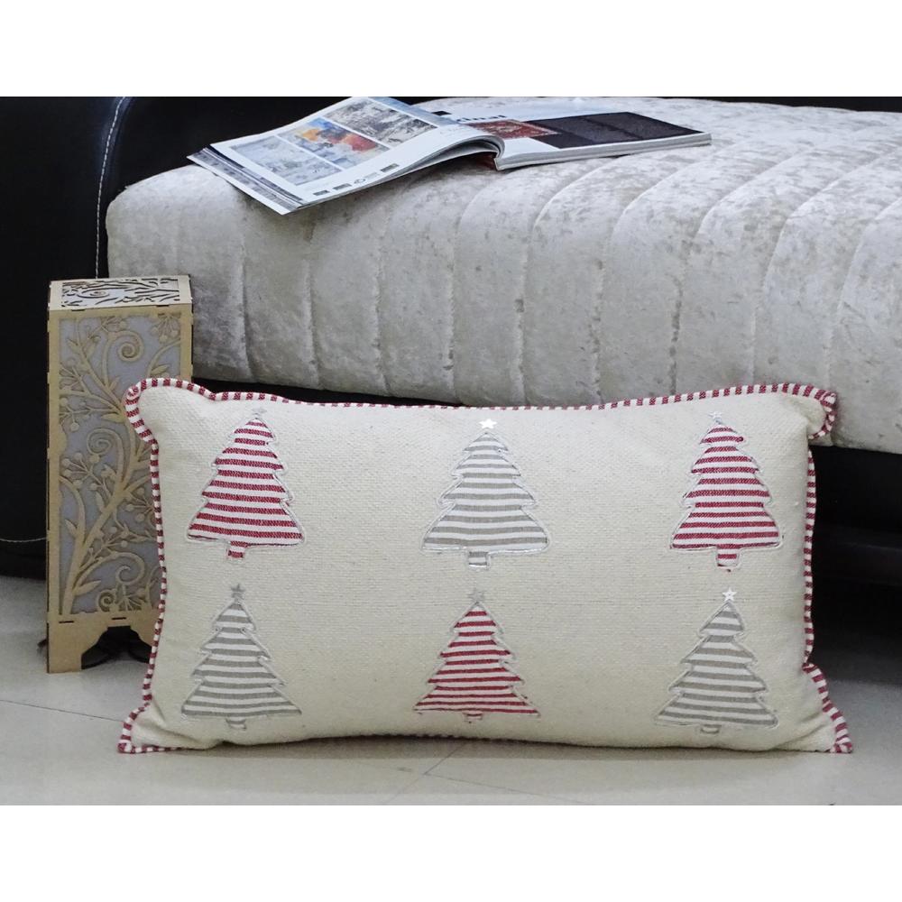Contemporary Home Living 24” White and Red Handloomed Christmas Tree Throw Pillow