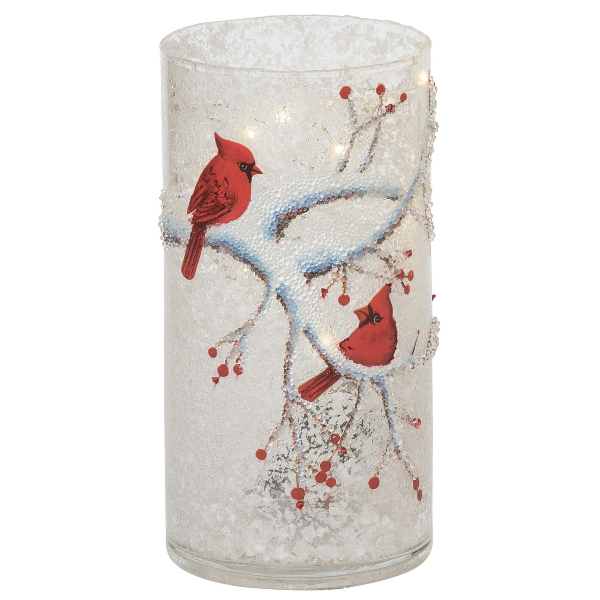 Contemporary Home Living 8" White and Red Cardinal Christmas Lighted Vase